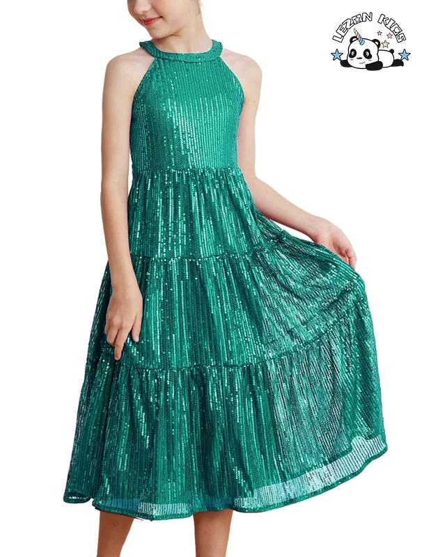 LEZONKIDS - Professional Factory Sleeveless Sequin Patches Long Skirt Kids Christmas Party Dress